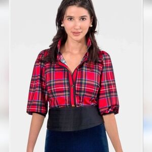 Gretchen Scott Duke Of York Puff Sleeves Tartan Plaid Top XS